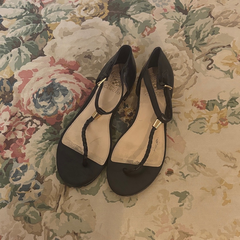 Vince Camuto Black Braided T-Strap Sandals with Gold Accents